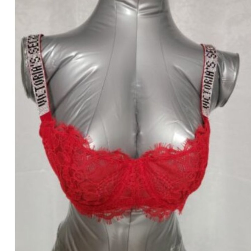 VICTORIA SECRET VERY SEXY COL LACE BRA - RED - 32D - PUSH UP - RHINESTONE STRAPS